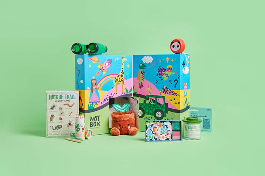 WOTBOX animals and nature kids gift box. Open shot of the gift box with the contents around it