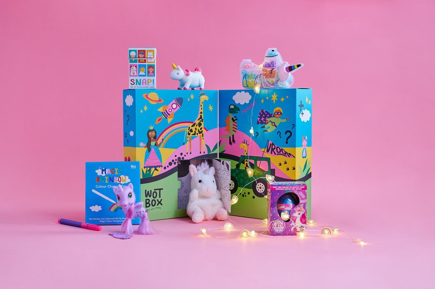 WOTBOX rainbows & unicorns kids gift box. Open shot of the gift box with the contents around it