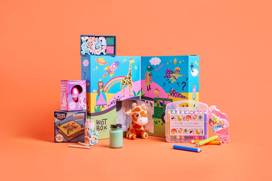 WOTBOX arts and crafts kids gift box. Open shot of the gift box with the contents around it